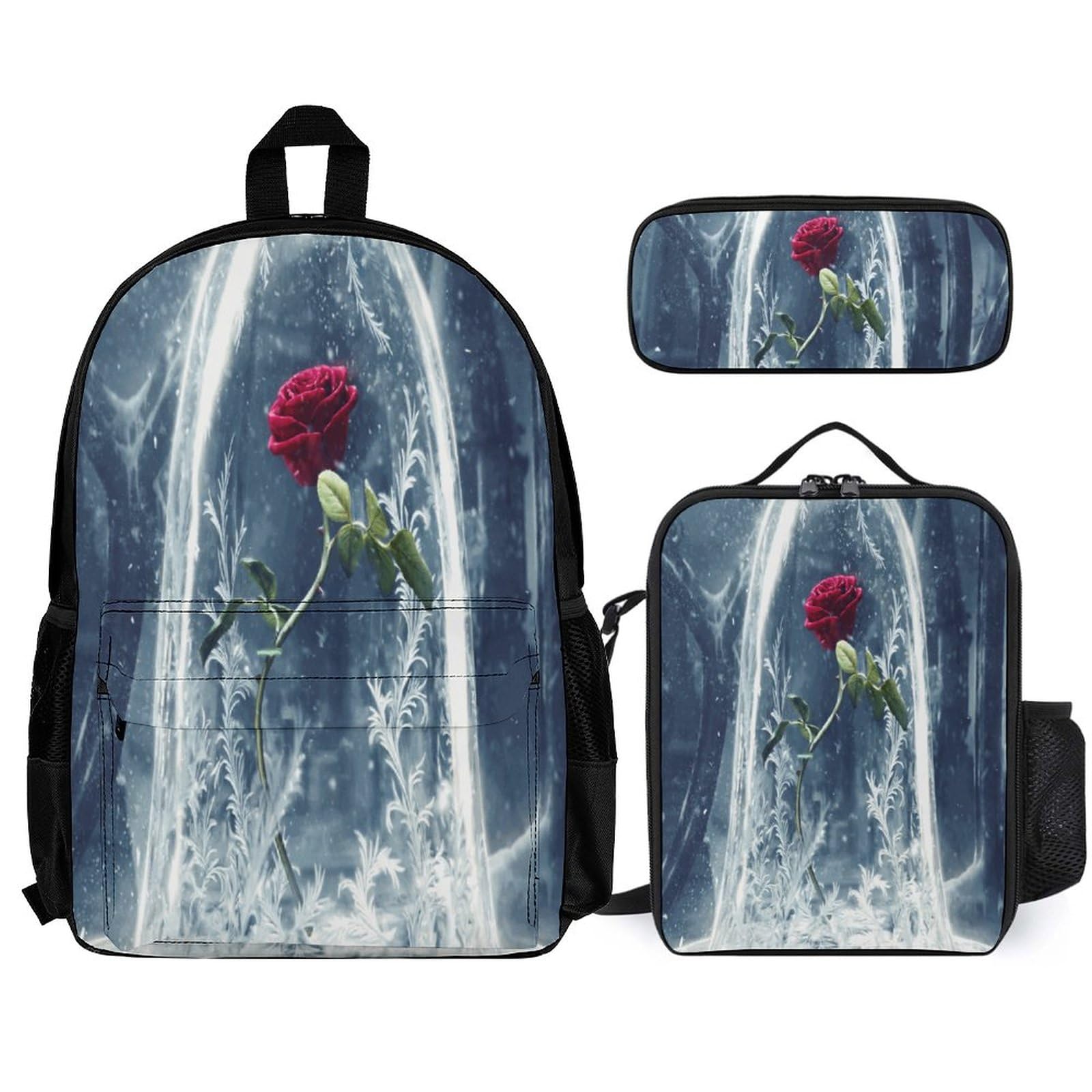 JZDACH Backpack For Unisex, Water Resistant Backpack With Insulated Lunch Bag & Pencil Pouch (Compatible With Beauty The Beast Rose)