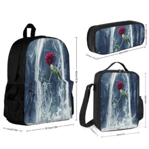 JZDACH Backpack For Unisex, Water Resistant Backpack With Insulated Lunch Bag & Pencil Pouch (Compatible With Beauty The Beast Rose)