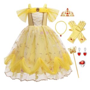 FMYFWY Girls Belle Princess Fancy Dress Beauty and Beast Outfits Halloween Christmas Birthday Lace Gown w/Accessories,Yellow 011,9-10T