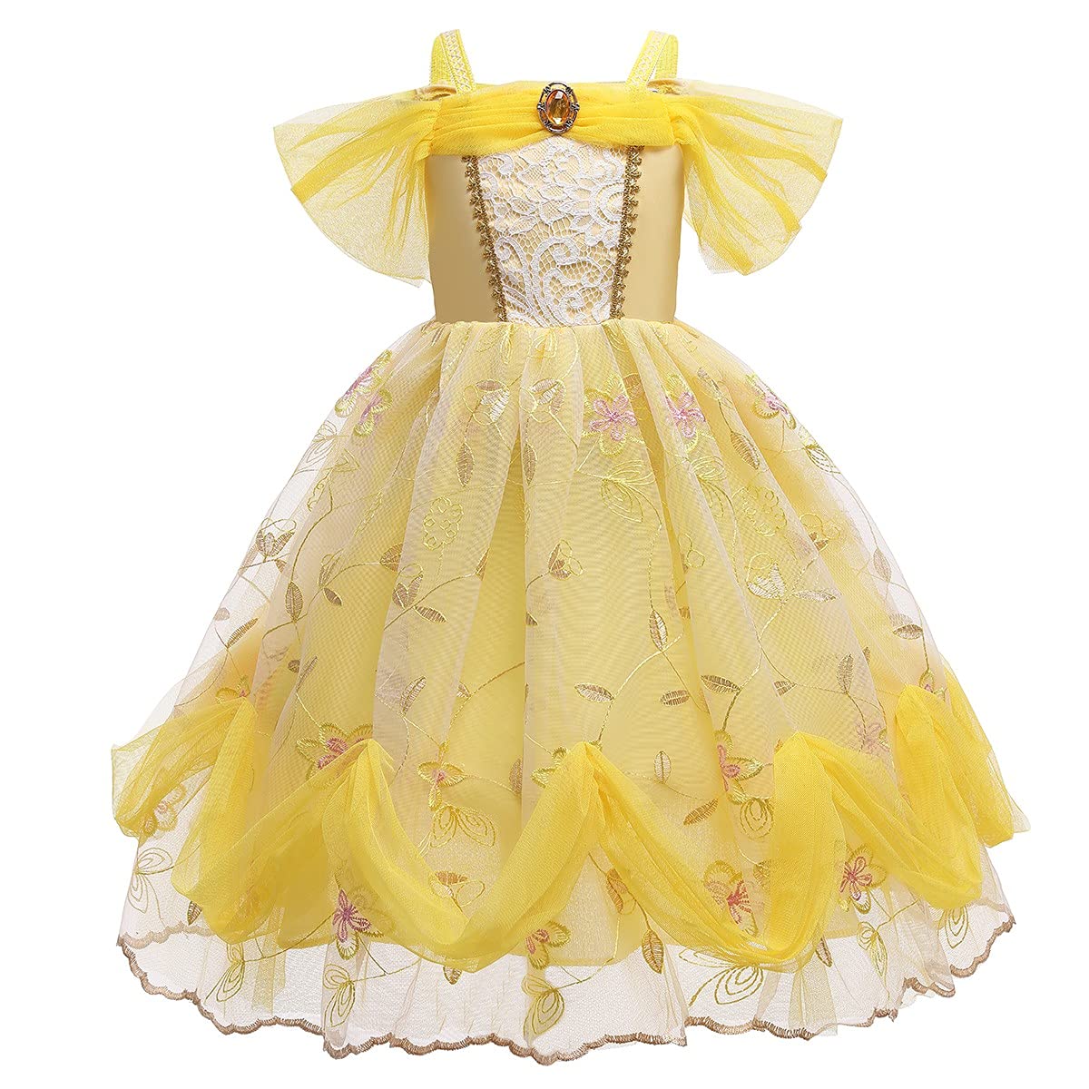 FMYFWY Girls Belle Princess Fancy Dress Beauty and Beast Outfits Halloween Christmas Birthday Lace Gown w/Accessories,Yellow 011,9-10T