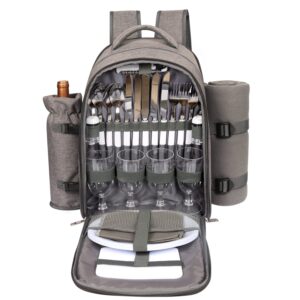 hap tim picnic basket backpack for 4 person with blanket, wine holder, cooler compartment, cutlery set, for couples, ideas, engagement gifts, gray (3065-g)