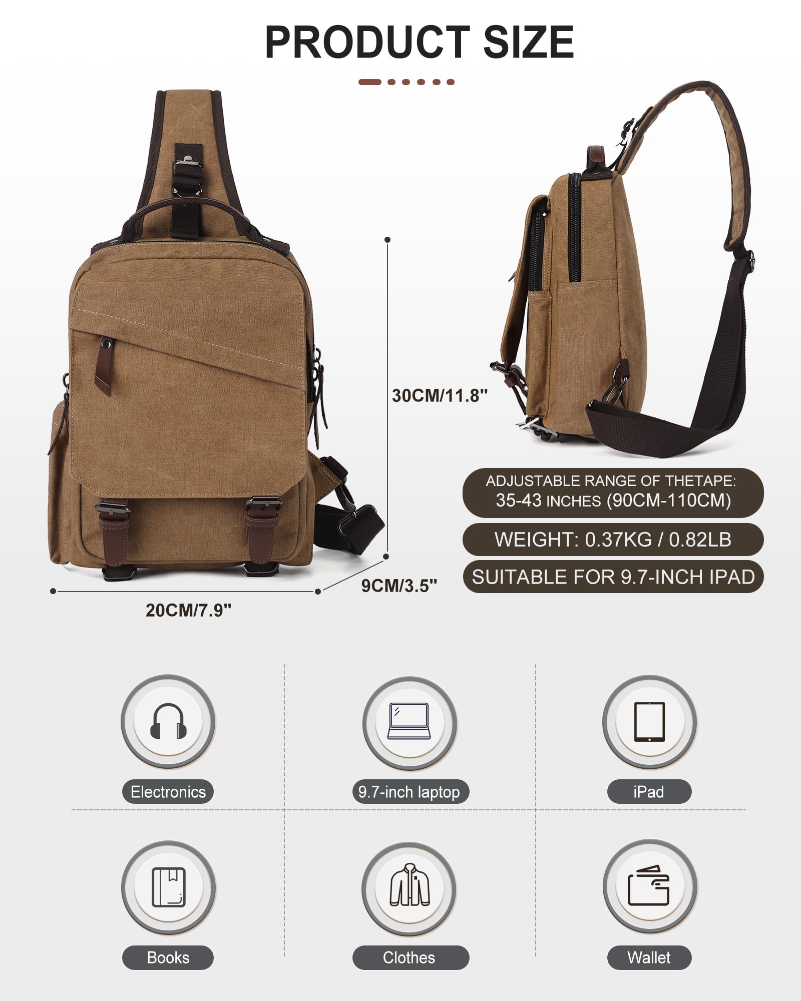 Messenger Bag for Men Small Sling Crossbody Backpack for Men Women Canvas Strap Backpack for Working Hiking Cycling Travel, Khaki