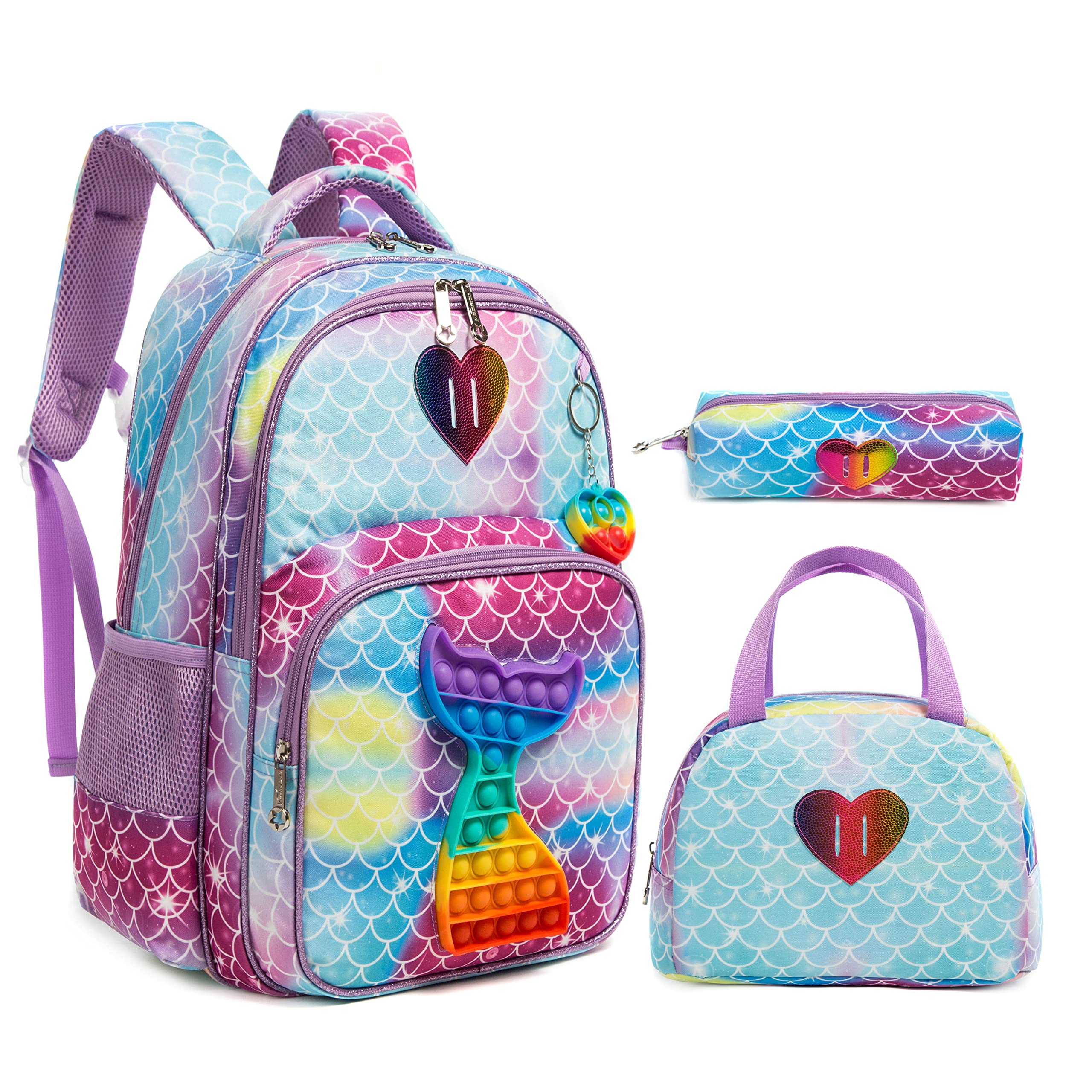 ZBAOGTW Mermaid School Backpacks for Girls,Girls Backpacks with Lunch Box and Pencil Bag,Pink Kids Backpack for School,Travel,Picnic