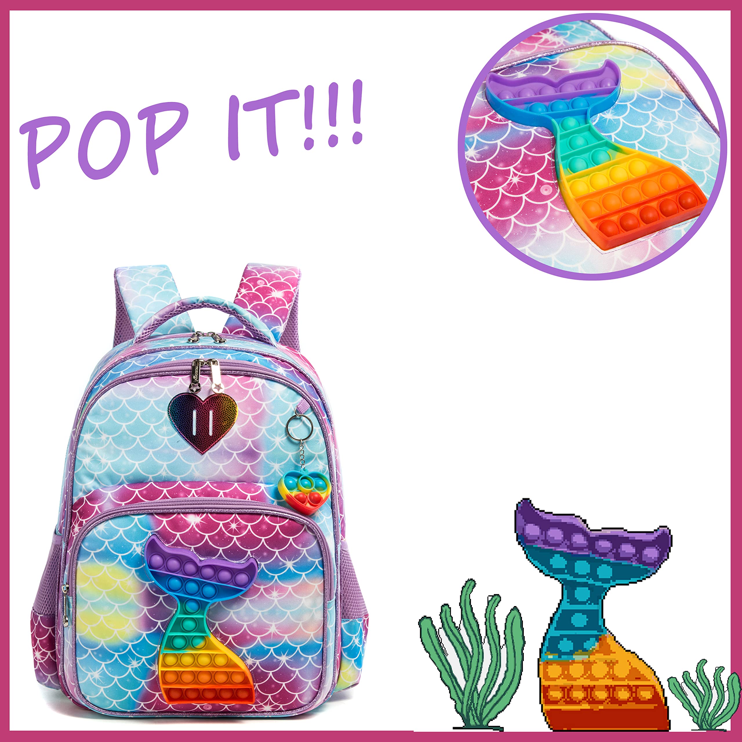 ZBAOGTW Mermaid School Backpacks for Girls,Girls Backpacks with Lunch Box and Pencil Bag,Pink Kids Backpack for School,Travel,Picnic