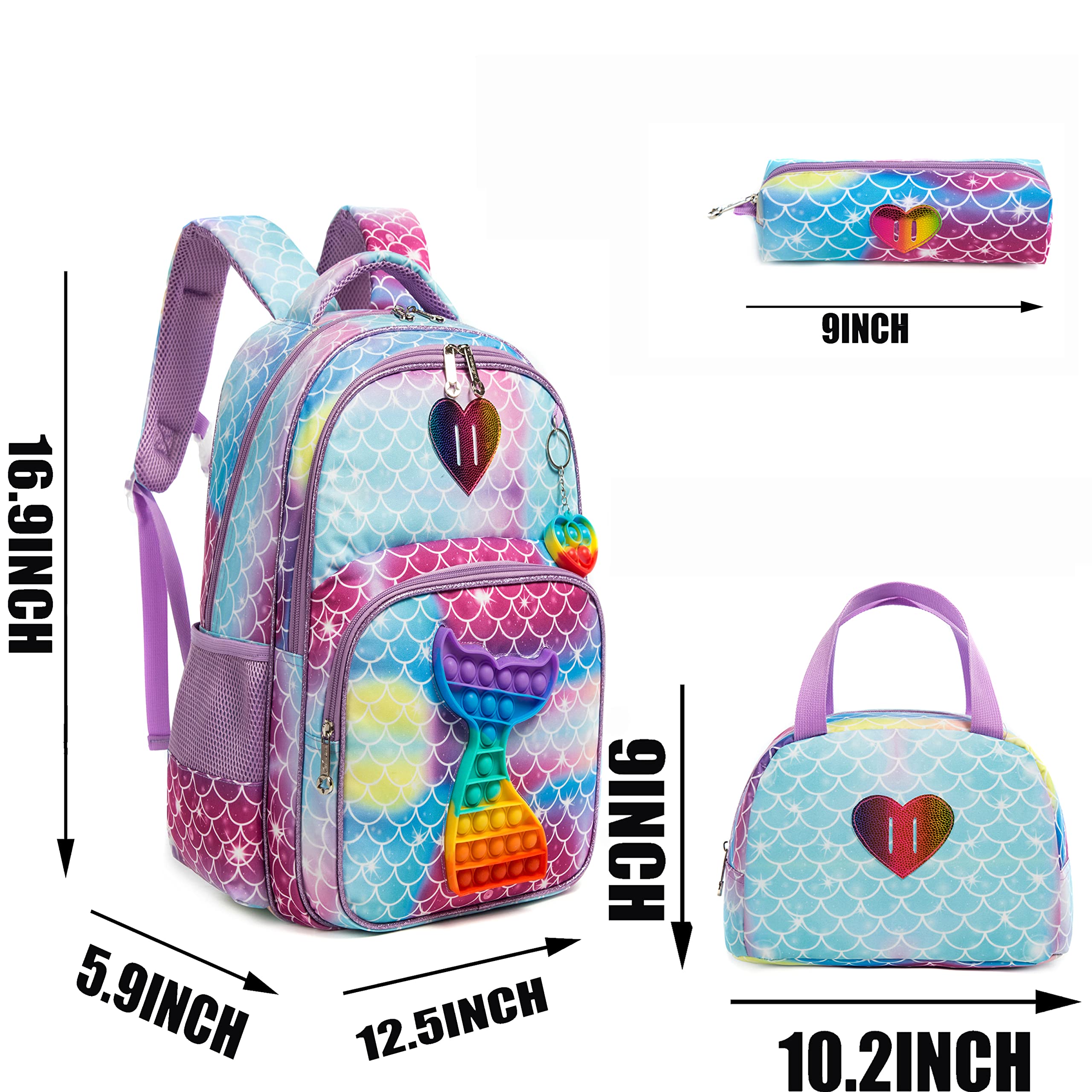 ZBAOGTW Mermaid School Backpacks for Girls,Girls Backpacks with Lunch Box and Pencil Bag,Pink Kids Backpack for School,Travel,Picnic