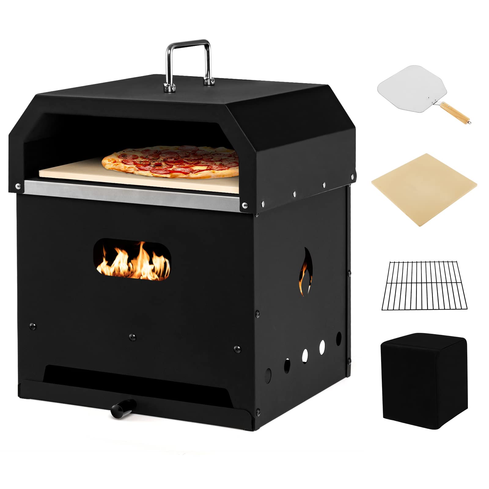 Giantex 4-in-1 Outdoor Pizza Oven, Wood Fired 2-Layer Pizza Maker with Cover, Pizza Stone, Shovel, Grill Grid, Detachable Grill Oven Fire Pit Pizza Ovens for Outside Backyard BBQ