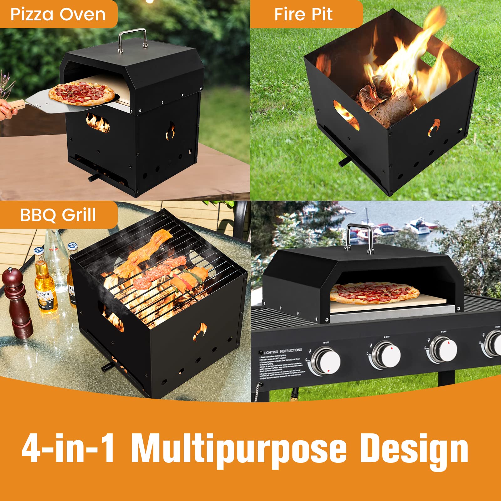 Giantex 4-in-1 Outdoor Pizza Oven, Wood Fired 2-Layer Pizza Maker with Cover, Pizza Stone, Shovel, Grill Grid, Detachable Grill Oven Fire Pit Pizza Ovens for Outside Backyard BBQ