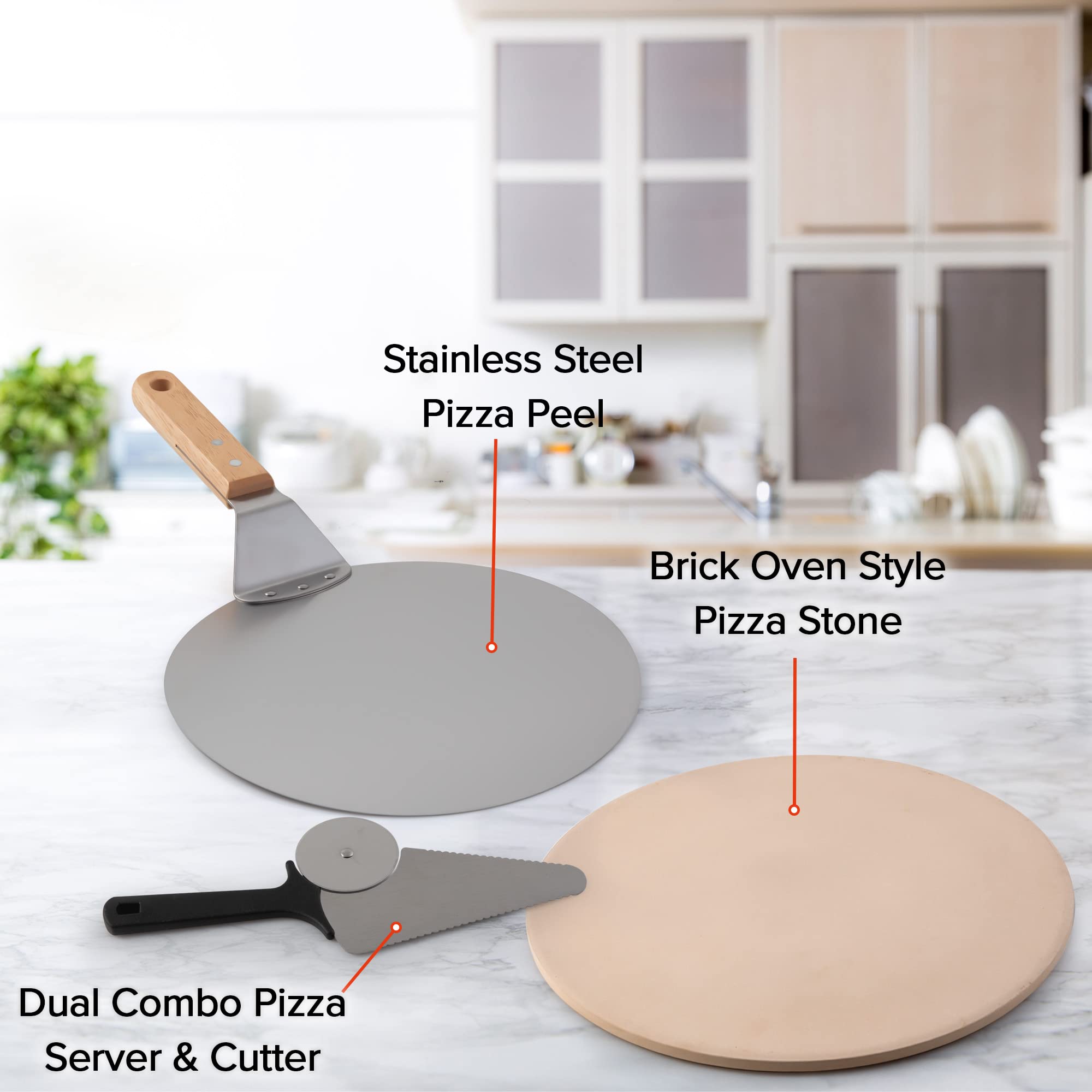 Nuwave Brick Oven-Style 3pc Pizza Kit,11.5” Cordierite Pizza Stone,10" SS Pizza Peel, SS Pizza Cutter/Server, For Indoor Electric Ovens, Outdoor Gas, Wood Fire Grills, BBQ Grilling, NuWave Bravo XL