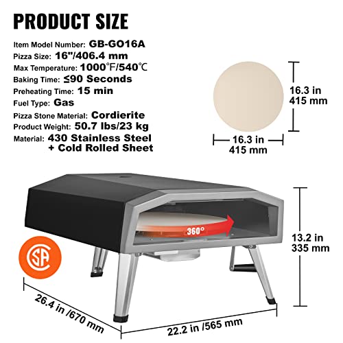 Vevor Gas Outdoor Pizza Oven, 16-inch Propane Pizza Ovens with Auto Rotatable Stone, Large Portable Pizza Maker for Outside BackYard Camp, Waterproof Bag, Peel, IR Thermometer, CSA Certified, Black