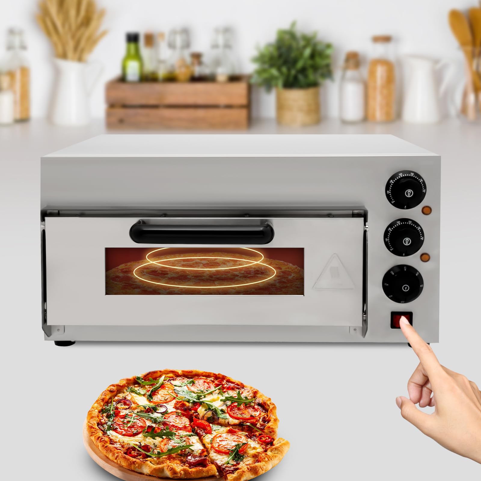 Electric Pizza Oven, Indoor Countertop Pizza Oven with Handle & Removable Tray, Adjustable Temp, Commercial Pizza Maker for Kitchen, Camping, Party