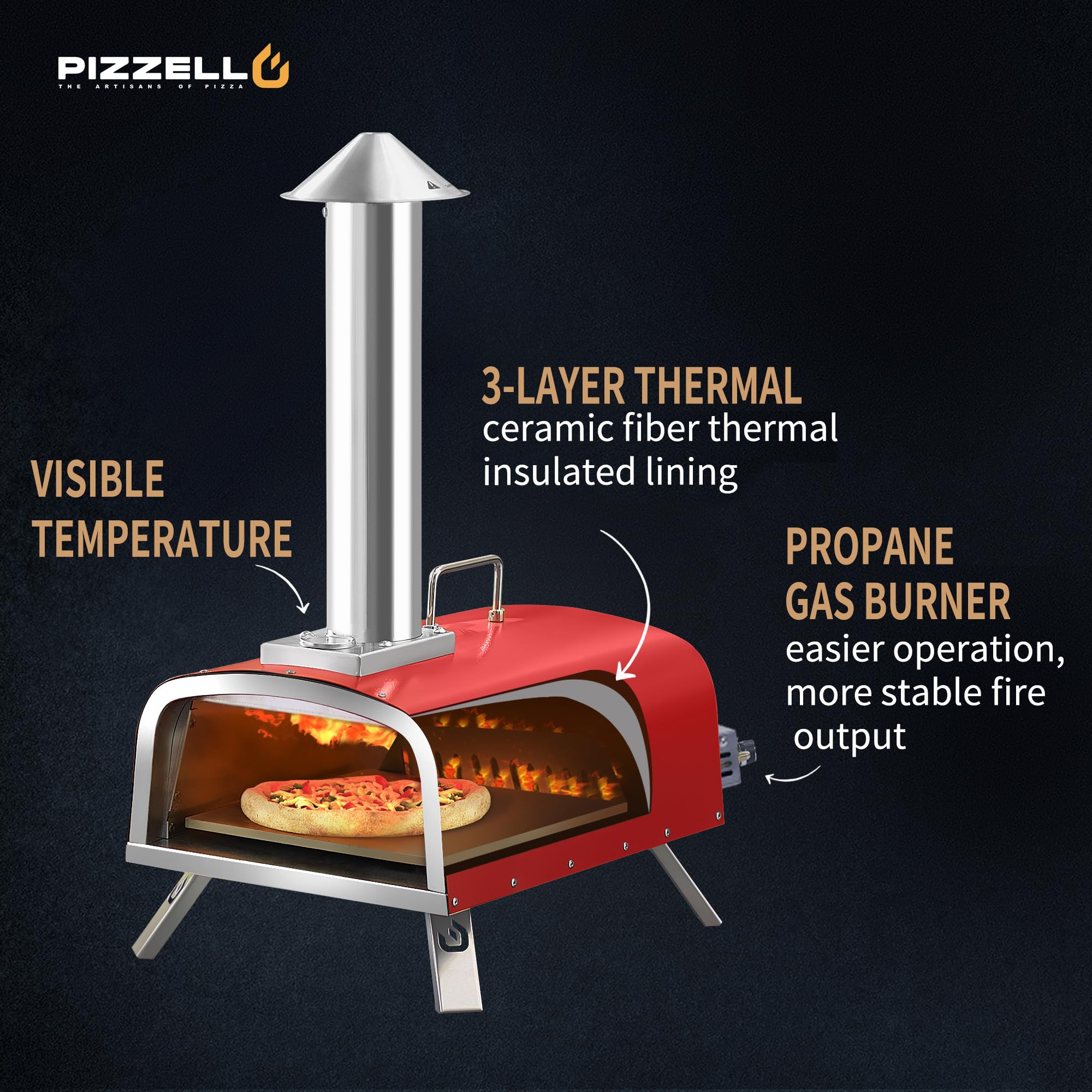 PIZZELLO 12" Outdoor Pizza Oven Propane & Wood Fired Pizza Maker Multi-Fuel Pizza Ovens with Gas Burner, Wood Tray, Stone, Pizza Peel, Cover, Forte Gas (Red)