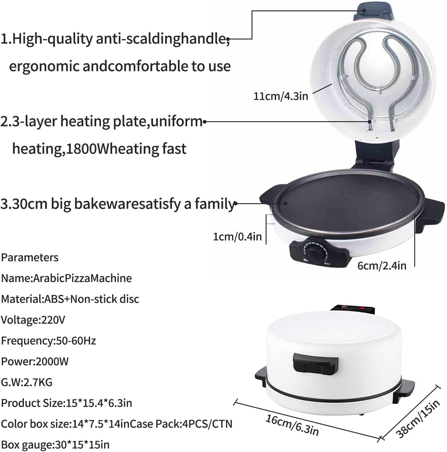 Electric Pizza Maker, 1800W Indoor Portable Pizza Oven, 12 Inch / 30cm Non-Stick Cooking Plate, Power Ready And Indicator Lights, Energy Efficient, for Crepe Pancake Omelette Nachos