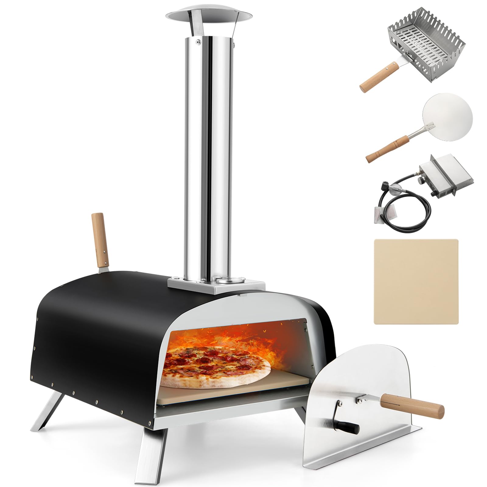 Giantex Pizza Oven Outdoor, Propane and Wood Fired Pizza Maker with 13" Pizza Stone, Pizza Peel, Gas Burner with Regulator, Built-in Thermometer, Portable Pizza Oven for Camping Backyard Party