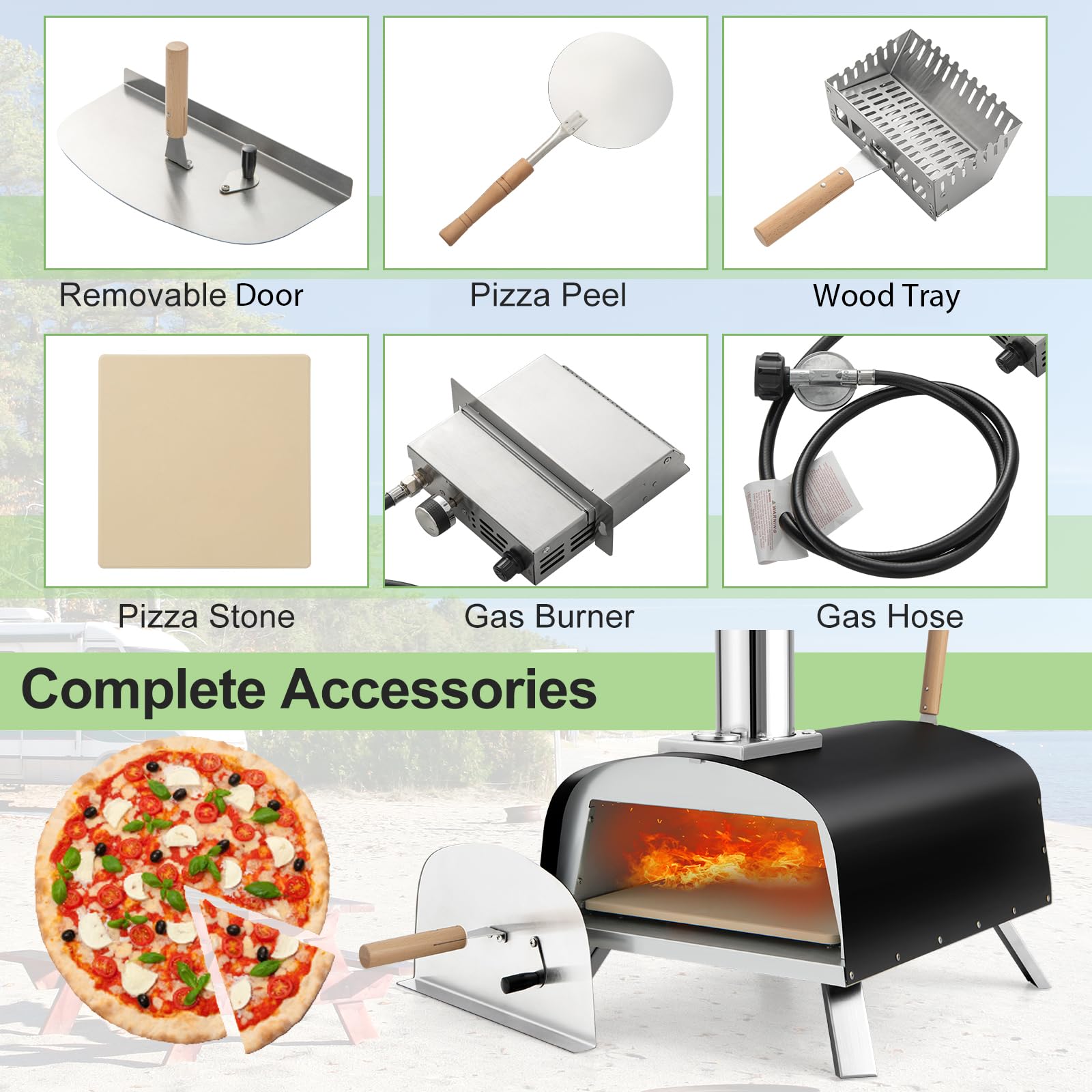 Giantex Pizza Oven Outdoor, Propane and Wood Fired Pizza Maker with 13" Pizza Stone, Pizza Peel, Gas Burner with Regulator, Built-in Thermometer, Portable Pizza Oven for Camping Backyard Party