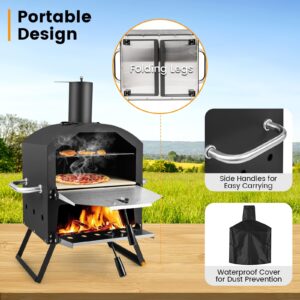 PETSITE Pizza Oven Outdoor, Wood Pellet Fired Pizza Oven with 12 Inches Pizza Stone & Waterproof Cover, 2-Tier Design Portable Stainless Steel Grill Pizza Maker for Outside Backyard Party