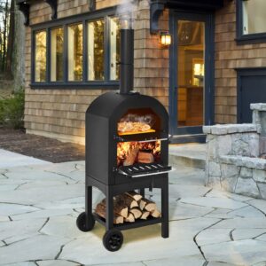 COSTWAY Outdoor Pizza Oven, Wood Fired Pizza Oven for Outside, Patio Pizza Grill with Pizza Stone, Pizza Peel, and Waterproof Cover for Backyard Camping