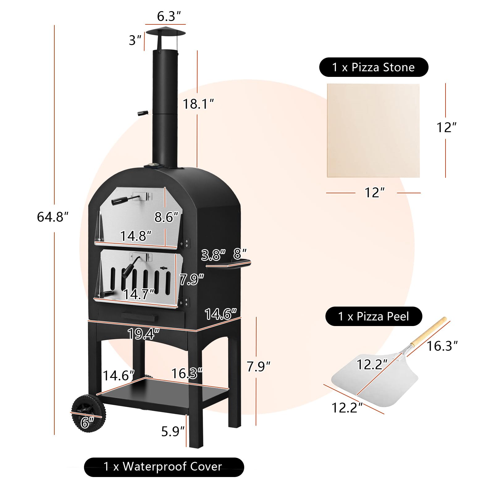 COSTWAY Outdoor Pizza Oven, Wood Fired Pizza Oven for Outside, Patio Pizza Grill with Pizza Stone, Pizza Peel, and Waterproof Cover for Backyard Camping