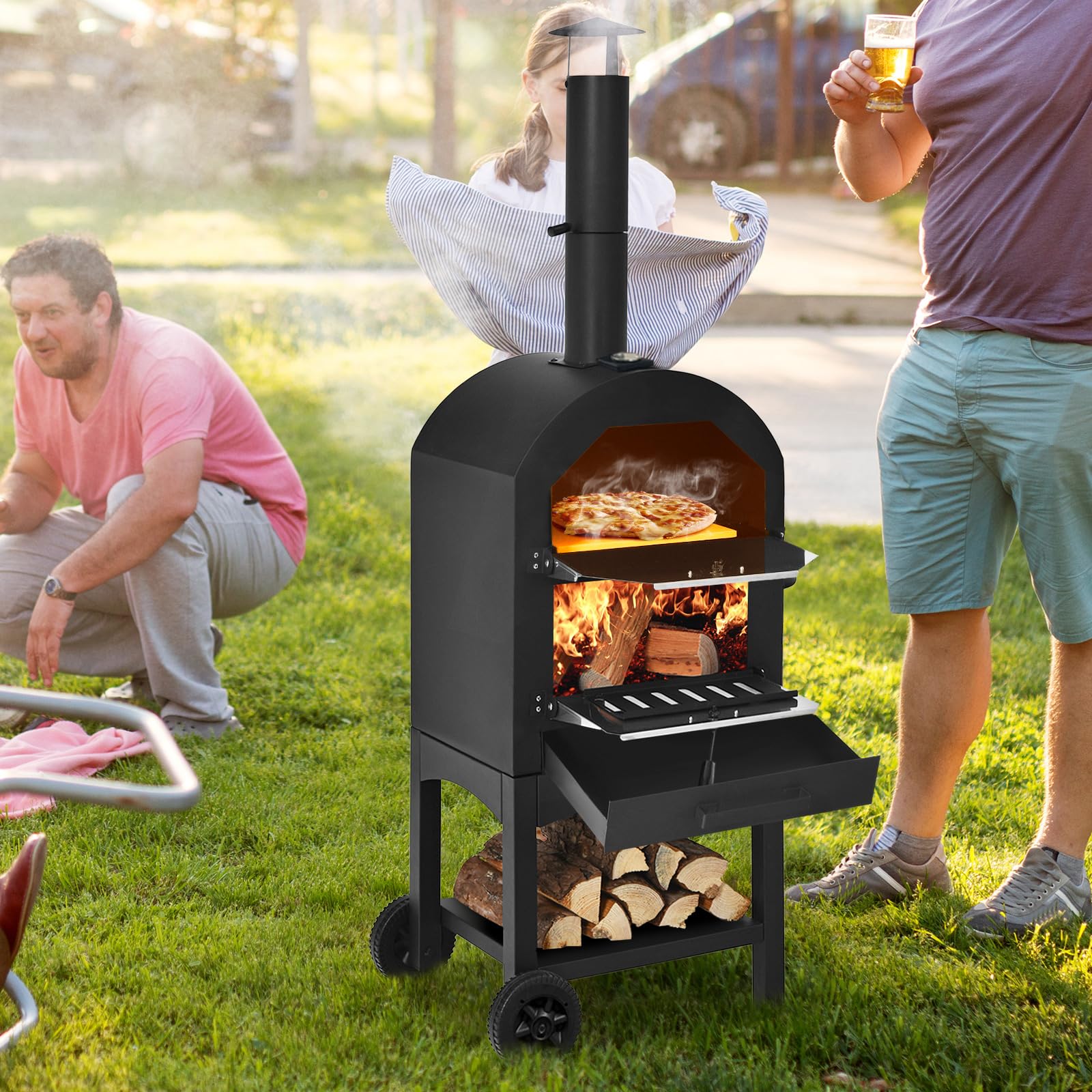 COSTWAY Outdoor Pizza Oven, Wood Fired Pizza Oven for Outside, Patio Pizza Grill with Pizza Stone, Pizza Peel, and Waterproof Cover for Backyard Camping