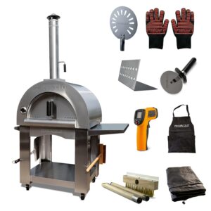 PINNACOLO PREMIO Wood-Fired Pizza Oven with Professional Grade Accessories - Double-Wall Insulation w/Heavy Gauge Stainless Steel and Cordierite Stones Surface - Includes 8 additional items