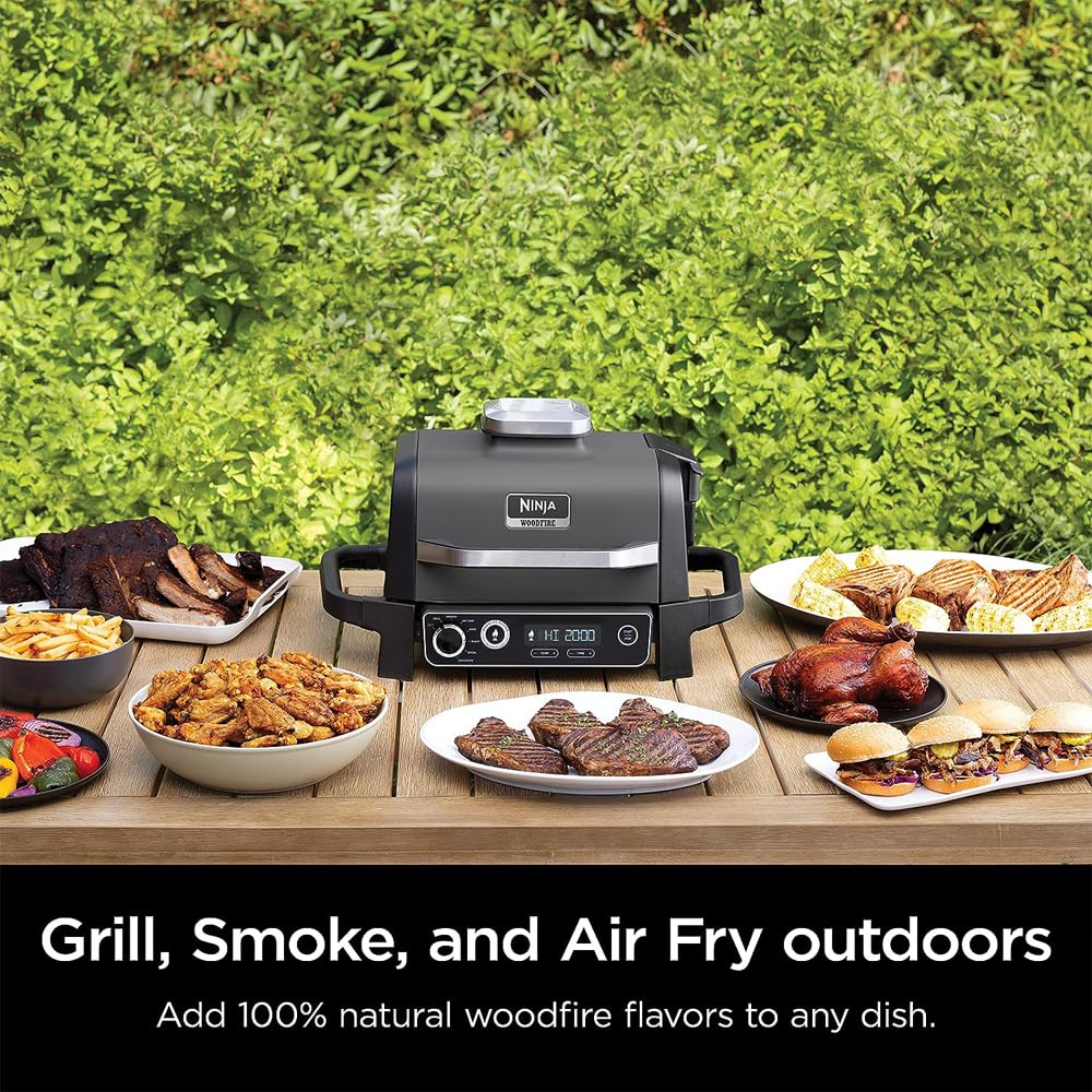 Ninja OG701 Woodfire Outdoor Grill & Smoker 7-in-1 Air Fryer Bake Roast Broil uses Woodfire Pellets(1 Pack Included) Portable, Electric, Grey(Renewed)