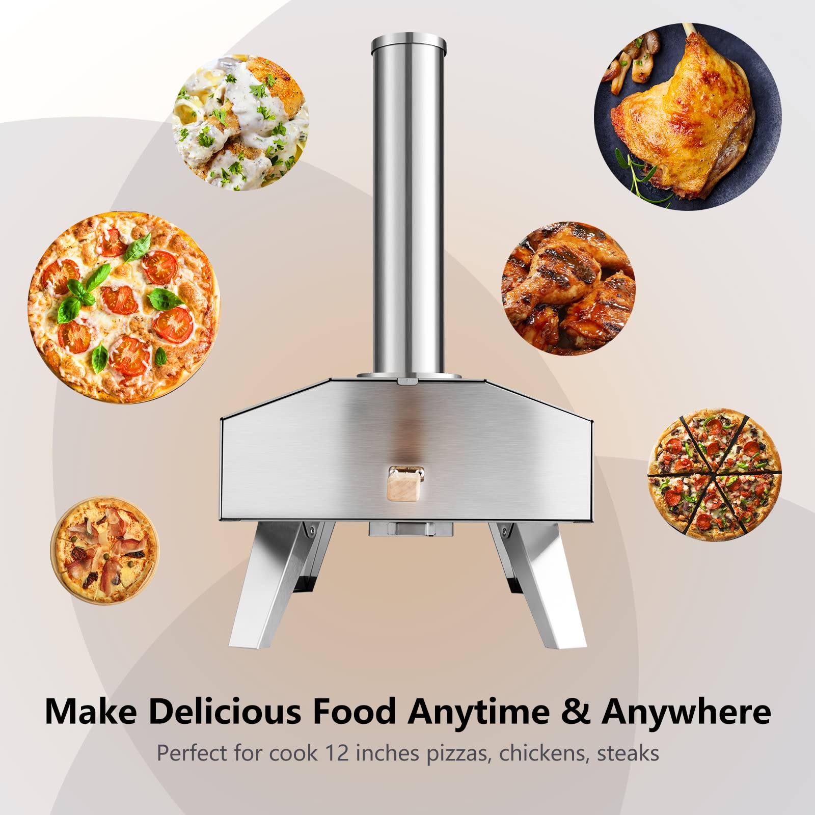 PETSITE Pizza Oven Outdoor, Wood Fired Pizza Oven with 12 Inches Pizza Stone, Portable Stainless Steel Wood Pellet Grill Pizza Maker for Outside Backyard Camping Party Cooking