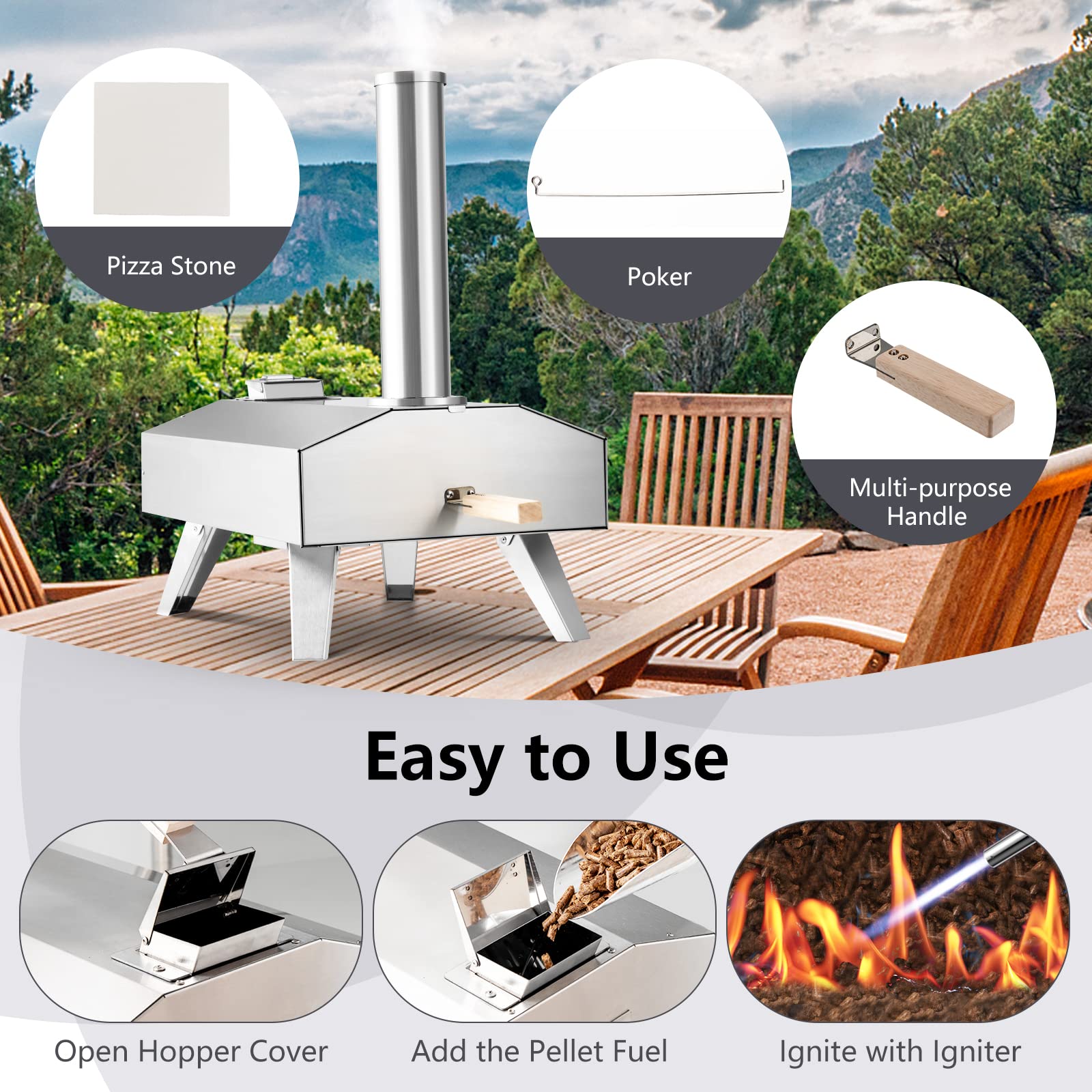 PETSITE Pizza Oven Outdoor, Wood Fired Pizza Oven with 12 Inches Pizza Stone, Portable Stainless Steel Wood Pellet Grill Pizza Maker for Outside Backyard Camping Party Cooking