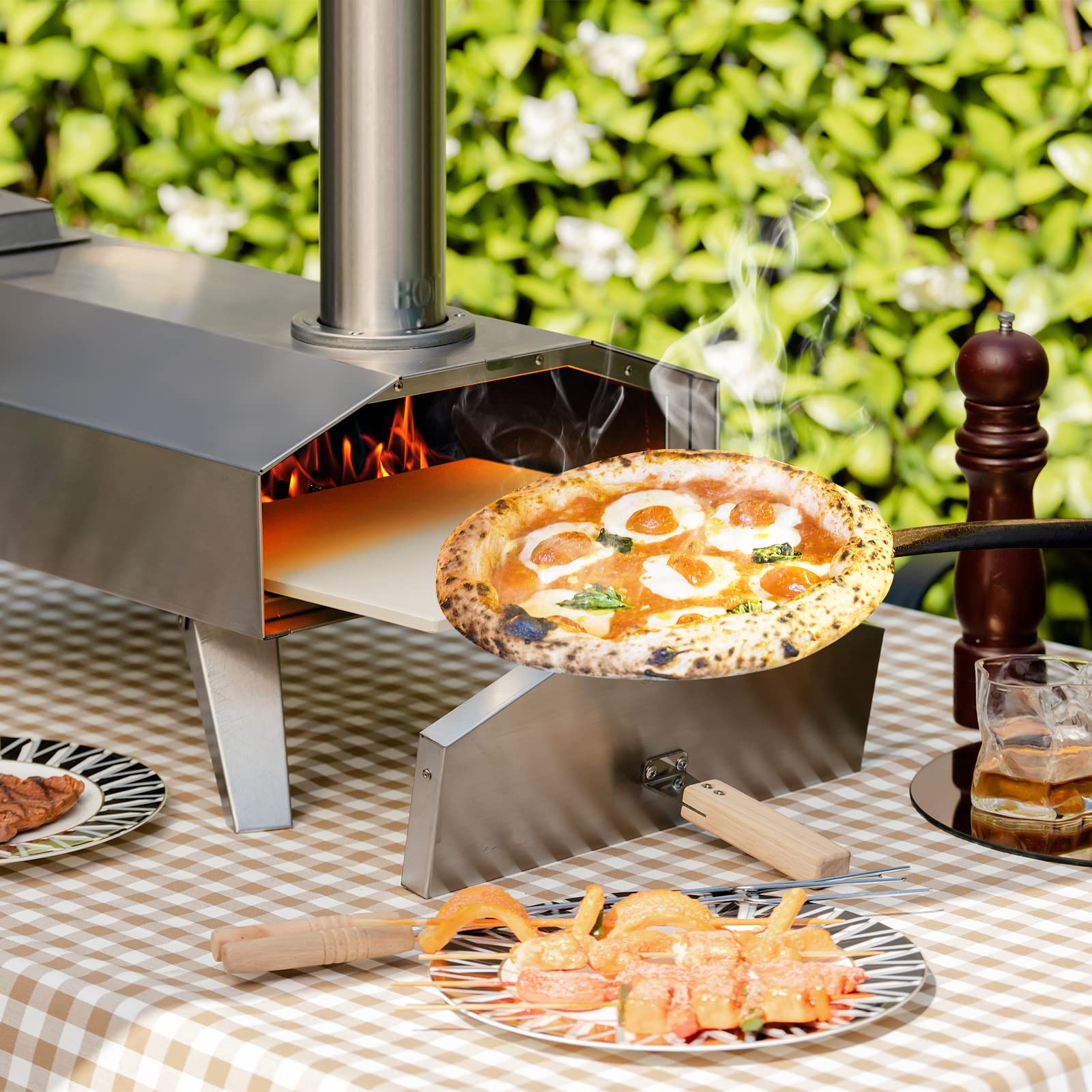 PETSITE Pizza Oven Outdoor, Wood Fired Pizza Oven with 12 Inches Pizza Stone, Portable Stainless Steel Wood Pellet Grill Pizza Maker for Outside Backyard Camping Party Cooking