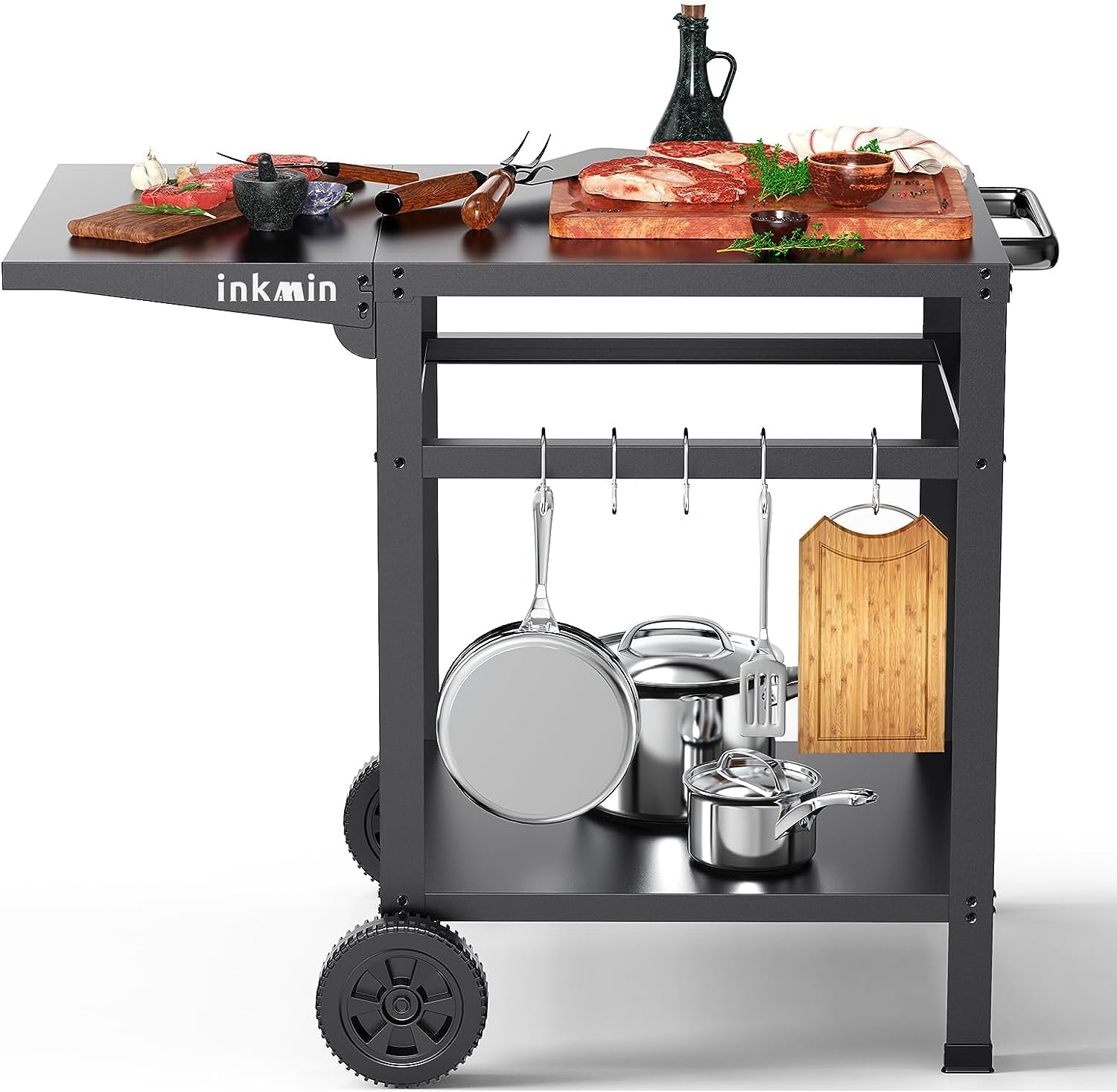 inkmin Pizza Oven Cart Table Outdoor Grill Cart Double-Shelf Movable BBQ Grill Table Stand Stainless Kitchen Food Prep Trolley Worktable Commercial Multifunctional Portable Dining Cart (Double-Deck)