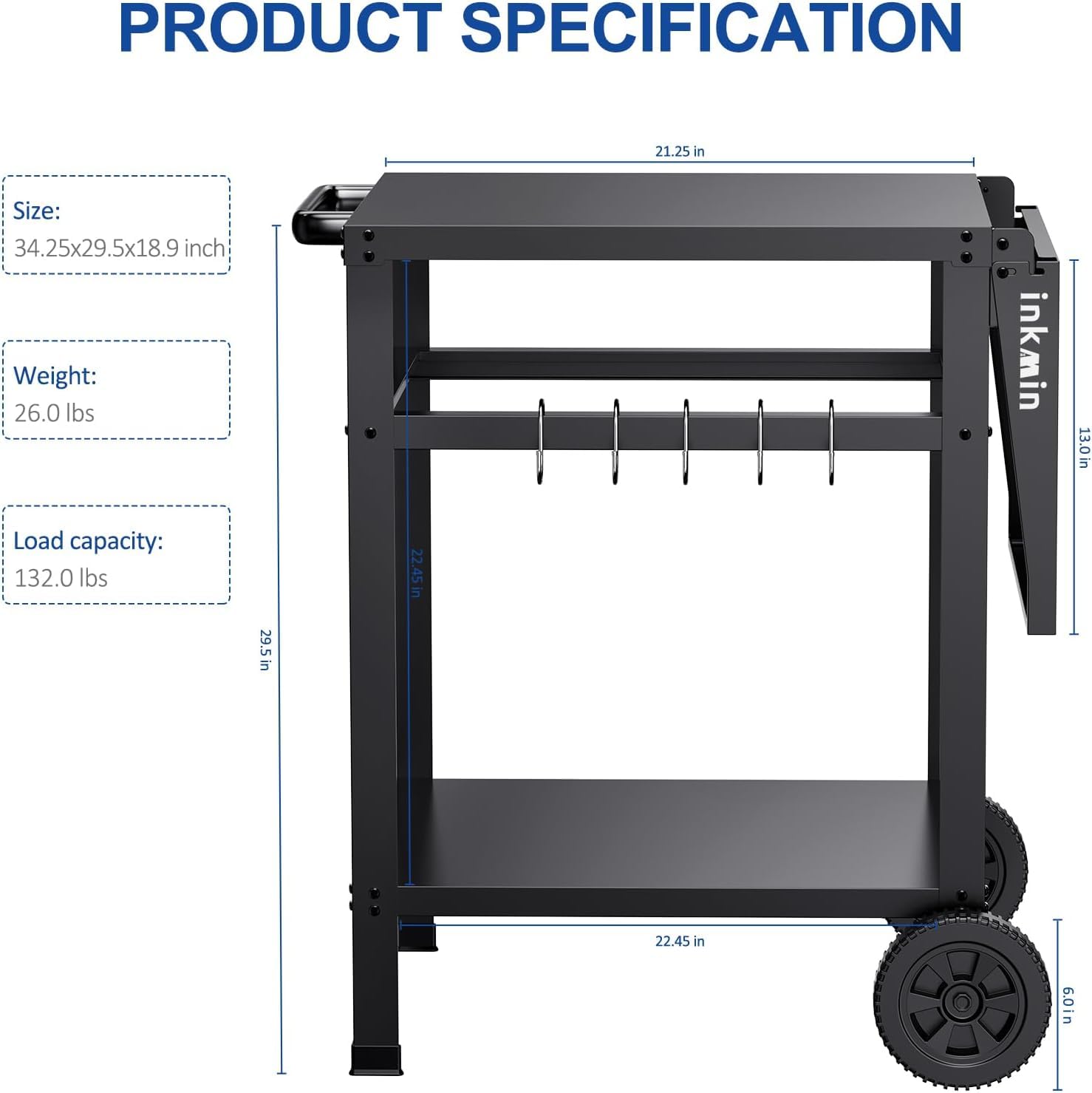 inkmin Pizza Oven Cart Table Outdoor Grill Cart Double-Shelf Movable BBQ Grill Table Stand Stainless Kitchen Food Prep Trolley Worktable Commercial Multifunctional Portable Dining Cart (Double-Deck)