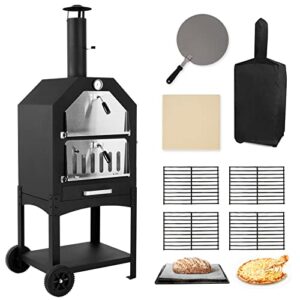 Outdoor Pizza Oven Wood Fired Pizza Oven Patio Portable Pizza Maker Cooking Grill with Wheels Waterproof Cover for Backyard Camping