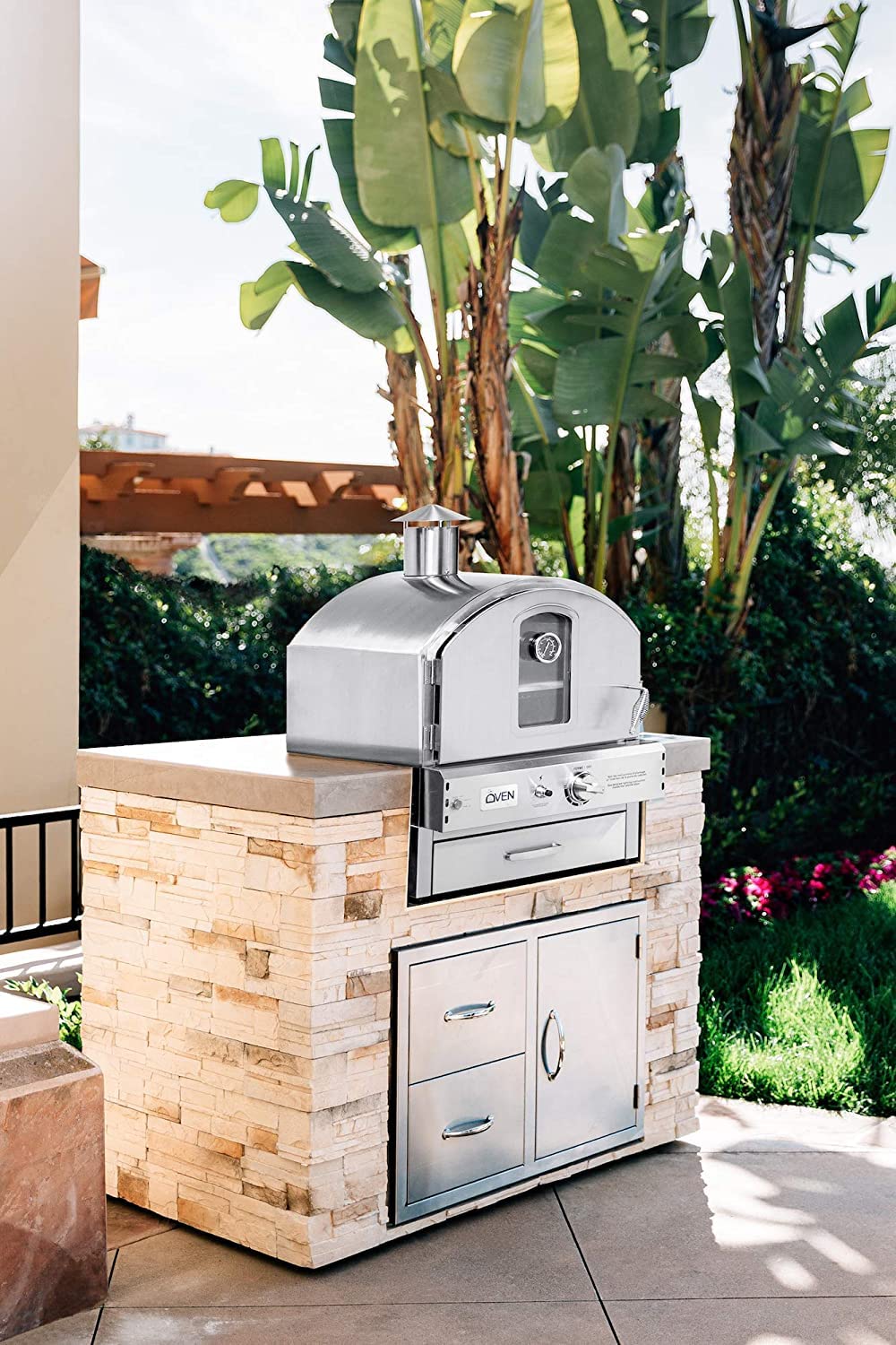 AMS Fireplace Summerset Pizza Oven - Large Capacity Natural Gas Outdoor Oven with Pizza Stone and Smoker Box, 304 Stainless Steel Construction for Built-in or Countertop Use. FREE Tabletop Fire Pit