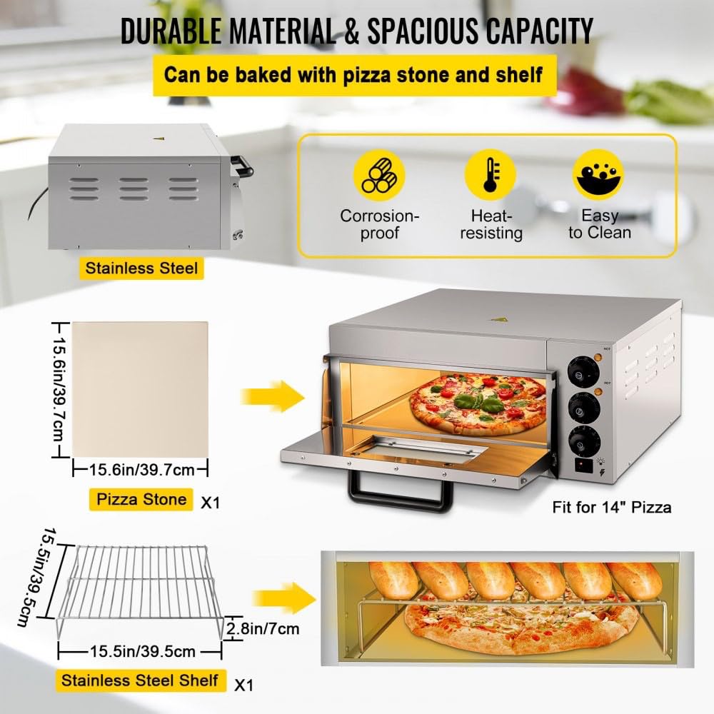 Electric Pizza Oven with Stone and Shelf - 14-inch Single Deck, 110V 1300W - Multipurpose Indoor Pizza Maker for Restaurant and Home Baked Pretzels - Stainless Steel