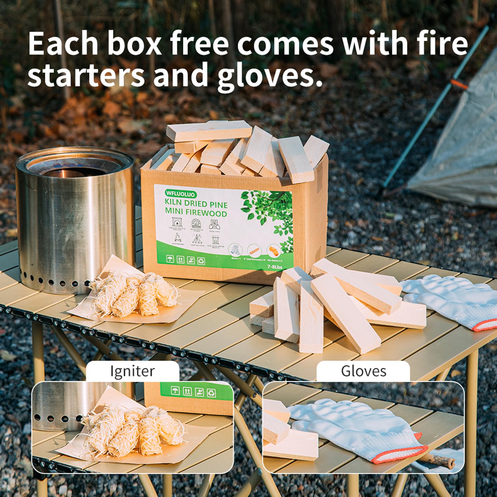 WFLUOLUO Mini Firewood with Fire Starters&Gloves 5'' Lengths Pine Kiln Dried Fire wood Great for Solo Stove Mesa and Mesa XL, Tabletop Fire Pit,Pizza Oven Wood,Grilling Wood,Solo Stove Accessories