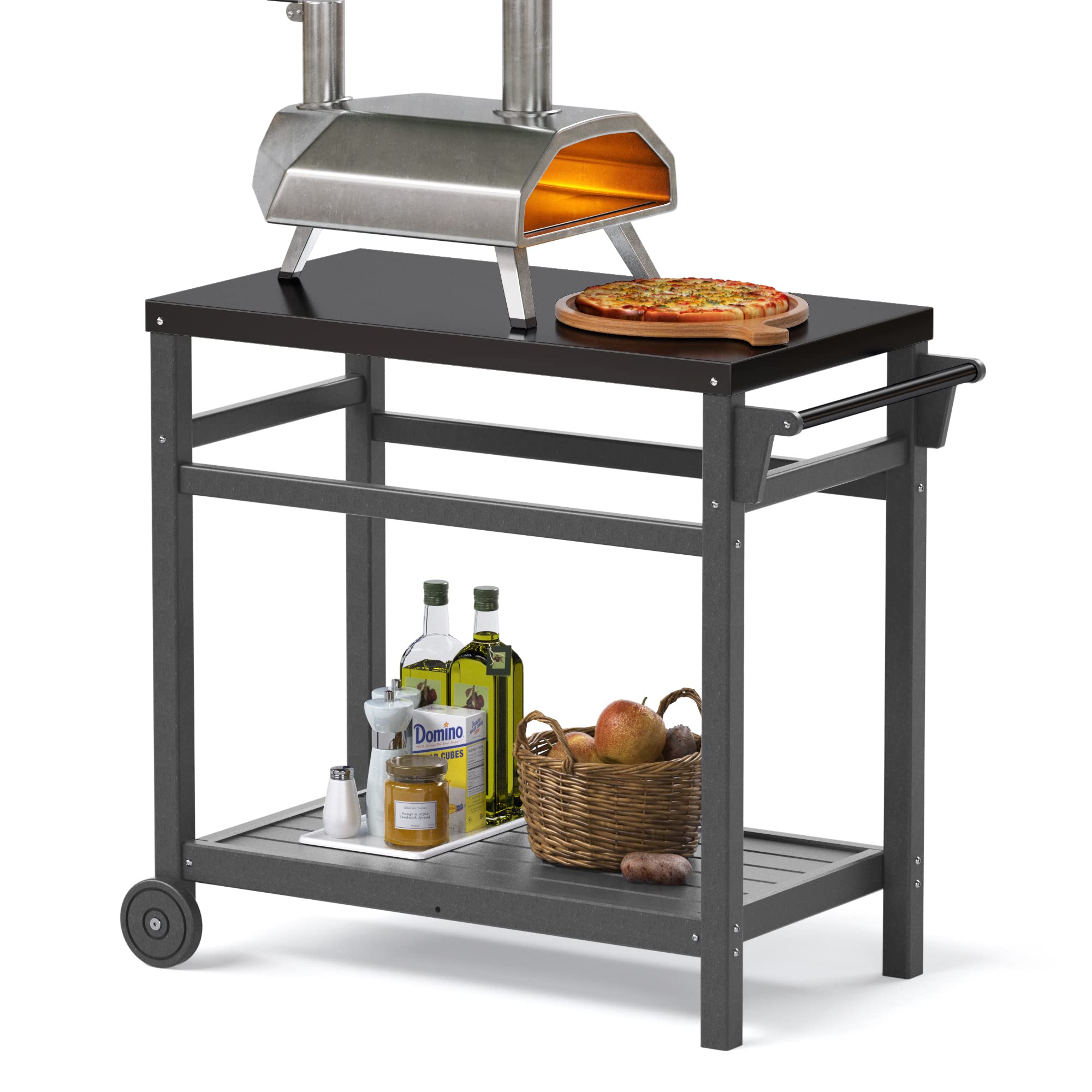 Outdoor Prep Dining Table,Movable Pizza Oven Stand, Stainless Steel Patio Bar Cart,Patio Grilling Backyard BBQ Grill Cart,Dark Gray Tabletop(Gray)