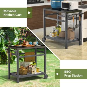 Outdoor Prep Dining Table,Movable Pizza Oven Stand, Stainless Steel Patio Bar Cart,Patio Grilling Backyard BBQ Grill Cart,Dark Gray Tabletop(Gray)