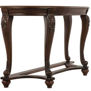 Signature Design by Ashley Norcastle Traditional Half Moon Sofa Table with Beveled Glass Top and Scrollwork Legs, Dark Brown