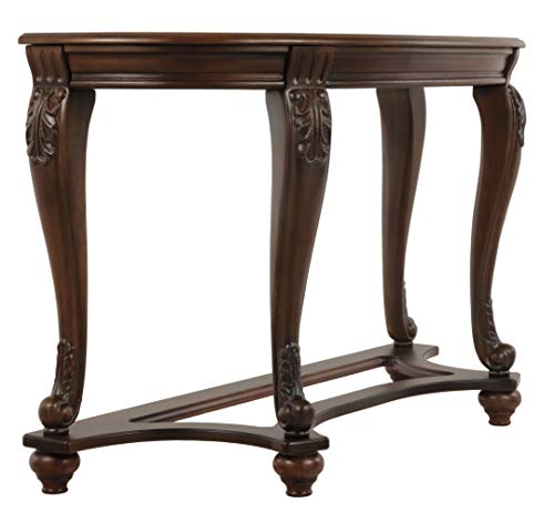 Signature Design by Ashley Norcastle Traditional Half Moon Sofa Table with Beveled Glass Top and Scrollwork Legs, Dark Brown