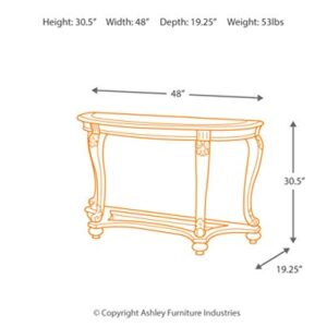 Signature Design by Ashley Norcastle Traditional Half Moon Sofa Table with Beveled Glass Top and Scrollwork Legs, Dark Brown