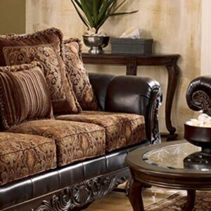 Signature Design by Ashley Norcastle Traditional Half Moon Sofa Table with Beveled Glass Top and Scrollwork Legs, Dark Brown