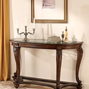 Signature Design by Ashley Norcastle Traditional Half Moon Sofa Table with Beveled Glass Top and Scrollwork Legs, Dark Brown