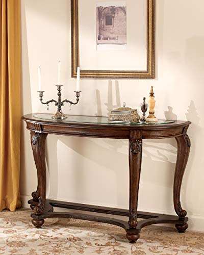 Signature Design by Ashley Norcastle Traditional Half Moon Sofa Table with Beveled Glass Top and Scrollwork Legs, Dark Brown