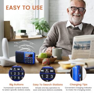 PRUNUS 429 Small Radio, Pocket Radio, AM FM Radio USB Charging, Large Button, Neodymium Speaker, Auto Save, USB Flash Drive, SD Card AUX Input MP3, Shortwave Radio for Elderly and Senior(Blue)