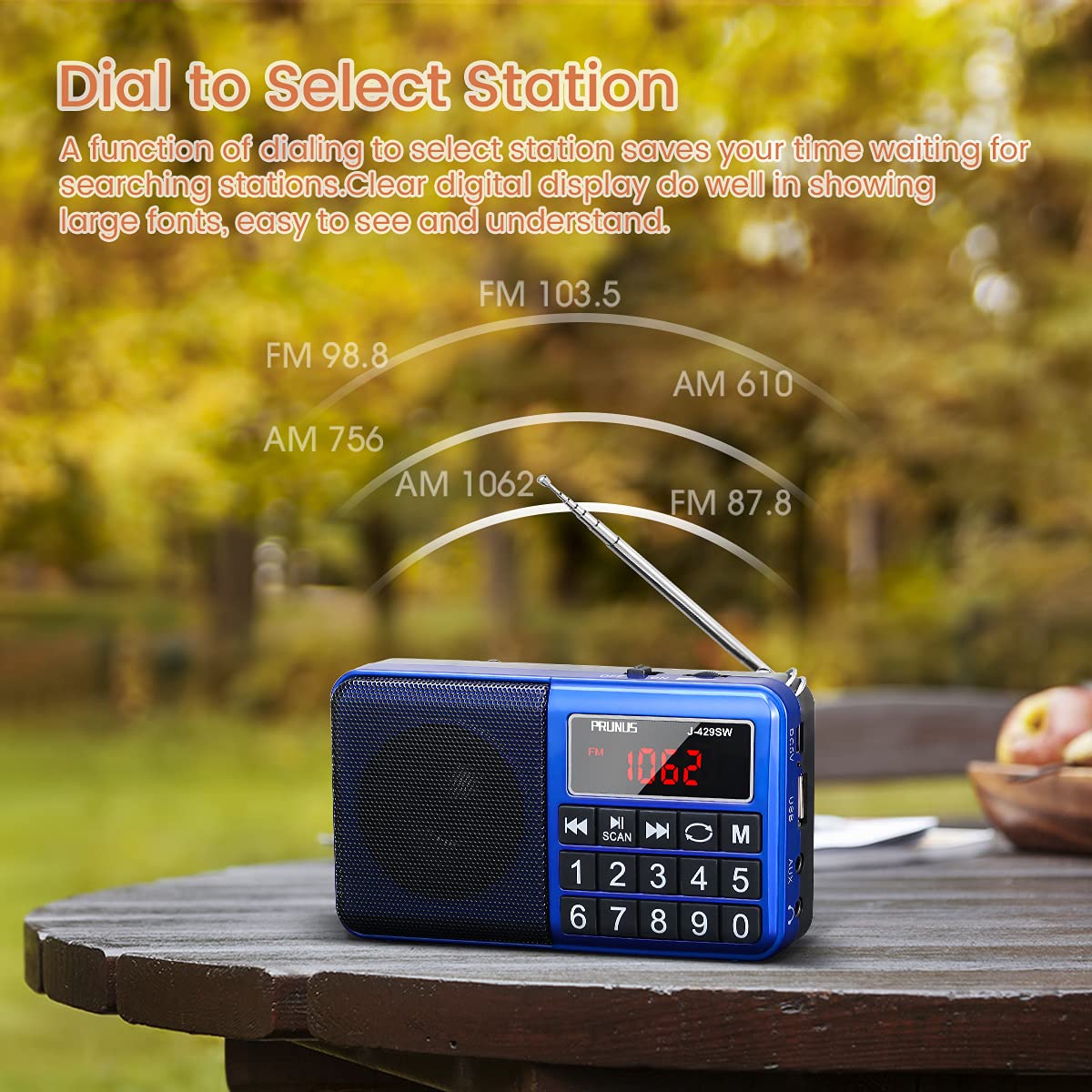 PRUNUS 429 Small Radio, Pocket Radio, AM FM Radio USB Charging, Large Button, Neodymium Speaker, Auto Save, USB Flash Drive, SD Card AUX Input MP3, Shortwave Radio for Elderly and Senior(Blue)