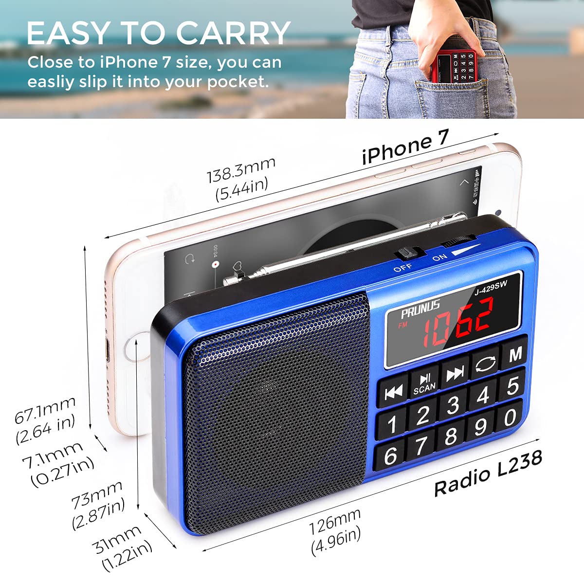 PRUNUS 429 Small Radio, Pocket Radio, AM FM Radio USB Charging, Large Button, Neodymium Speaker, Auto Save, USB Flash Drive, SD Card AUX Input MP3, Shortwave Radio for Elderly and Senior(Blue)