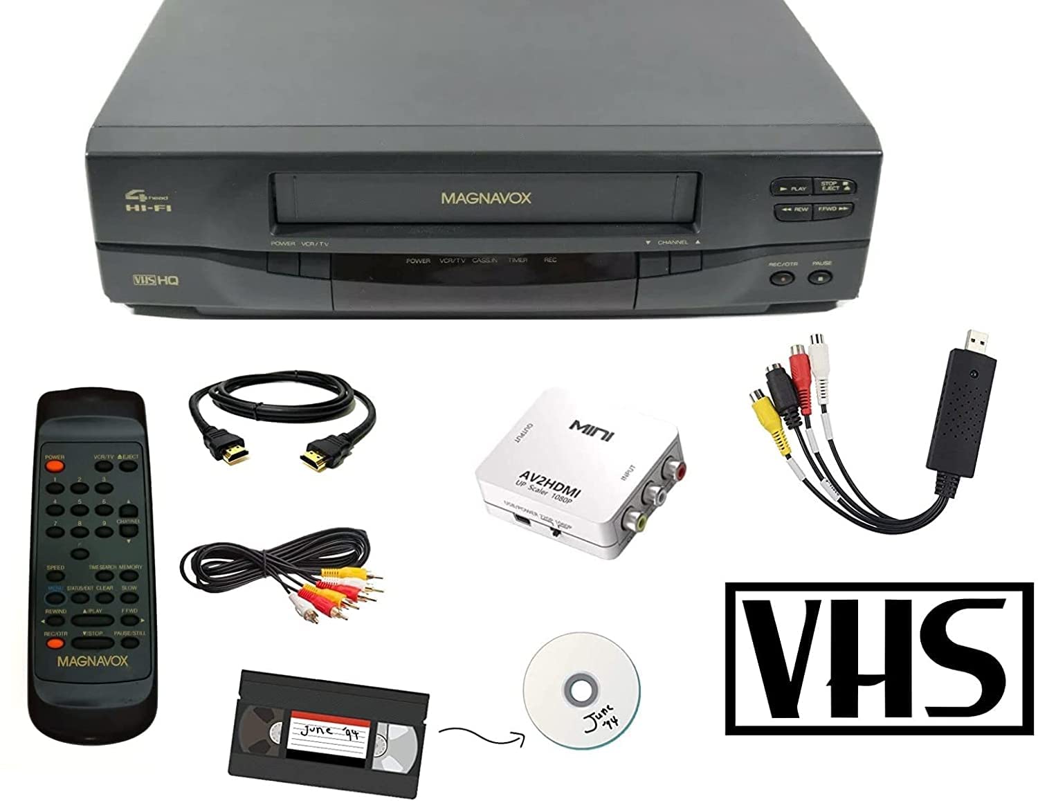 MAGNAVOX VCR Video Cassette Player with Remote, USB Adapter, HDMI Converter (Renewed)