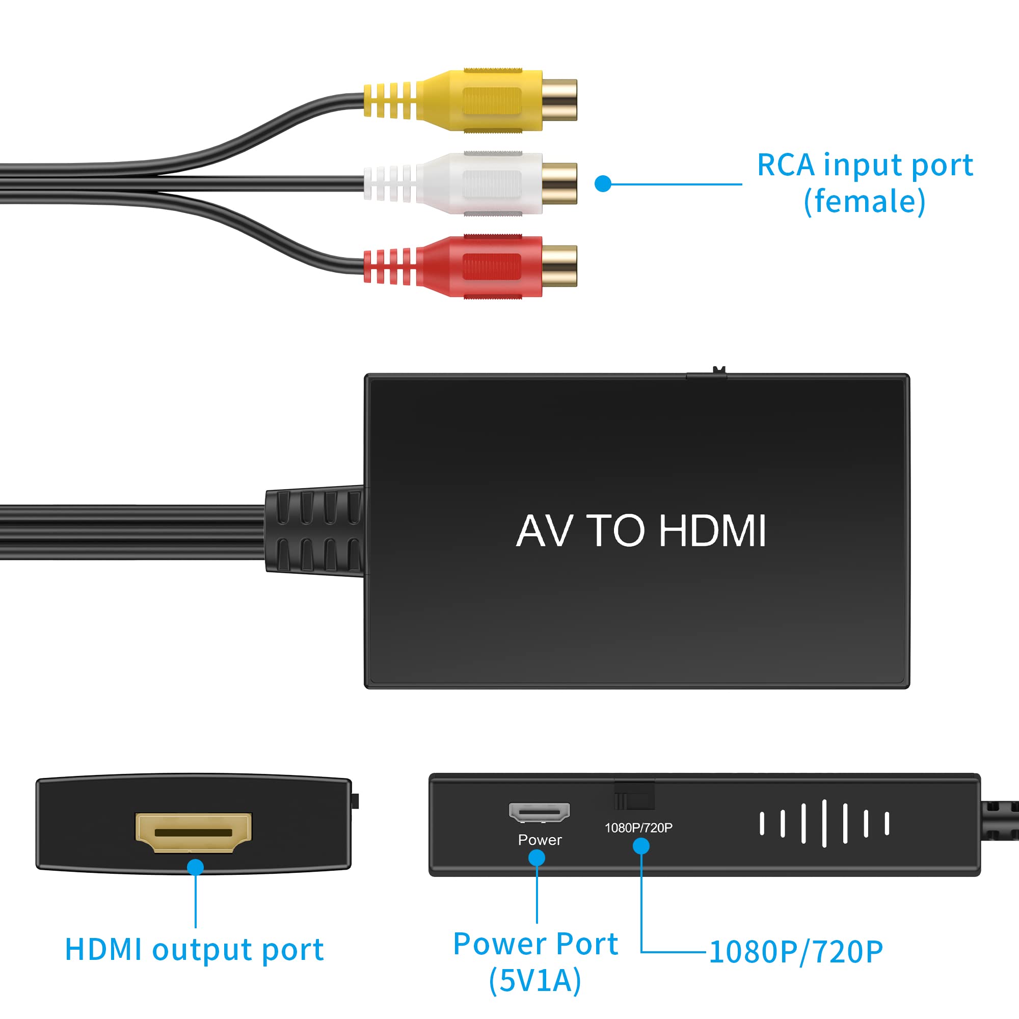 Tengchi RCA to HDMI Converter, Composite to HDMI Adapter Support 1080P PAL/NTSC Compatible with PS one, PS2, PS3, STB, Xbox, VHS, VCR, Blue-Ray DVD Players