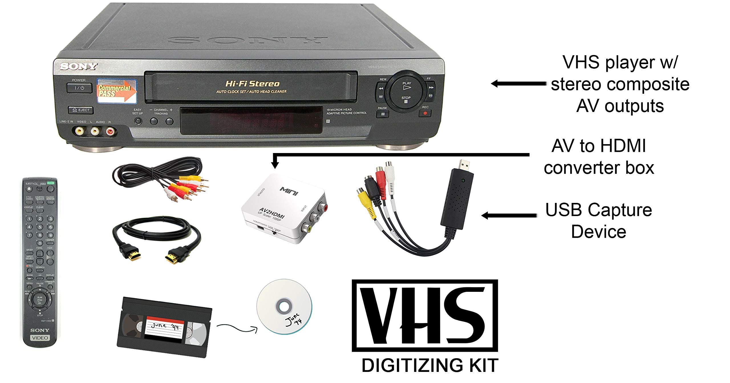 Sony VCR VHS Transfer Bundle w/ Remote, USB Adapter, HDMI Converter (Renewed)