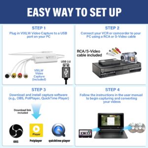 VIXLW Video Capture, USB Video Capture Device, Convert VHS to Digital, VHS/VCR/Hi8/Mini DV to Digital/DVD Converter, for Tape Player Camcorder Camera PC TV OBS, for Mac OS, Android, WinXP/7/8/10