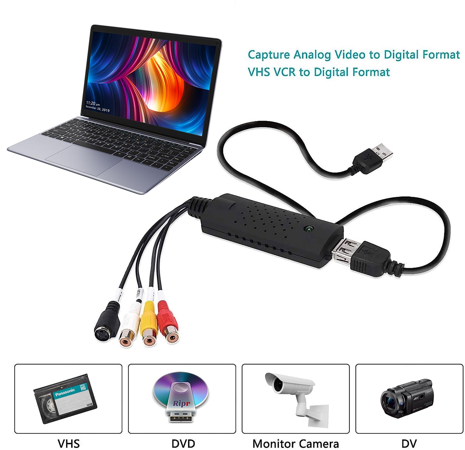 YUANLY VHS to Digital Converter,Video Capture Card USB 2.0 Audio Video Capture Card Device Old VHS Mini DV Hi8 DVD VCR to Digital Converter for Mac,PC Support Windows 2000/10/8/7/Vista/XP/Android
