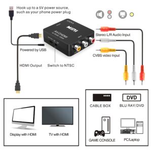 GANA RCA to HDMI, 1080P Mini RCA Composite CVBS AV to HDMI Video Audio Converter Adapter Supporting PAL/NTSC with USB Charge Cable for PC Laptop Xbox PS4 PS3 TV STB VHS VCR Camera DVD (Black)
